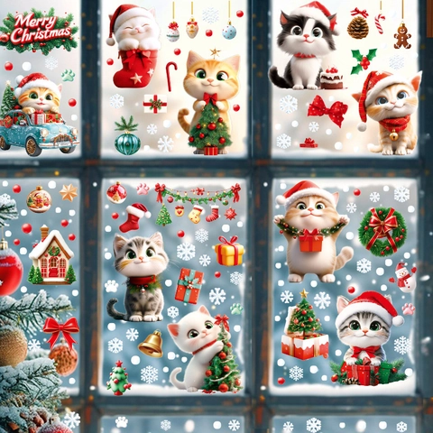 Christmas Window Clings Static Stickers Cute Cartoon Cat Snowflake Xmas Tree Reusable Glass Decoration Festive Ornaments