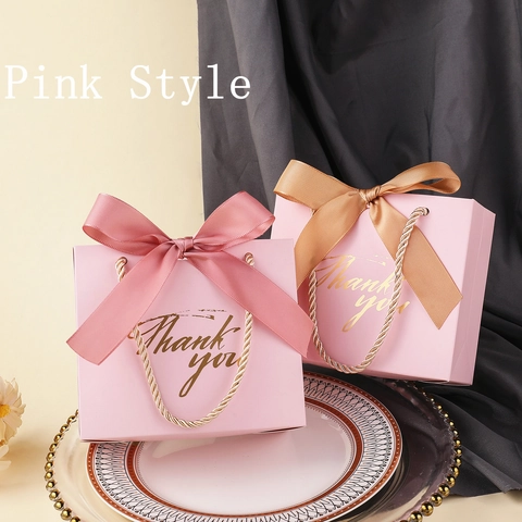 Thank You Gift Bags With Ribbon Bow Gold Stamping Paper Candy Box For Wedding Birthday Party Favor Handbag Elegant