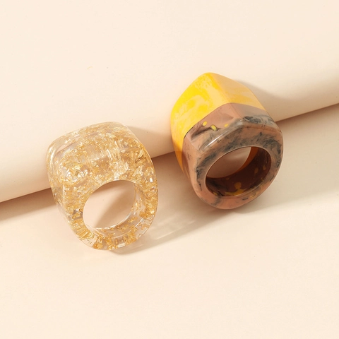 Retro Geometric Square Resin Rings With Gold Foil And Marble Texture Minimalist Wide Band Jewelry For Women Fashionable