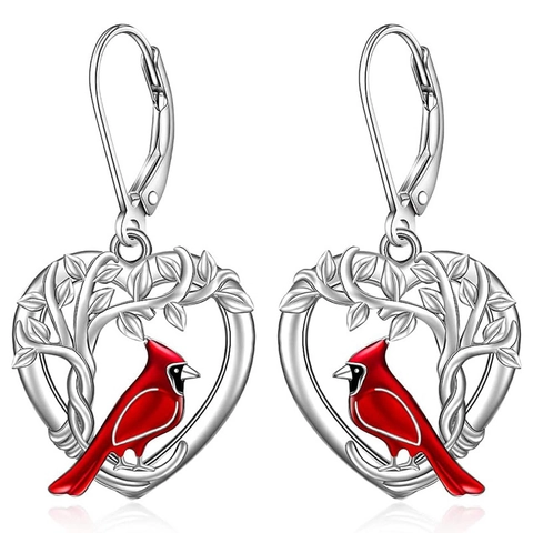 Enamel Cardinal Bird Heart Leverback Earrings Vintage Copper Tree Branch Dangle Jewelry For Women