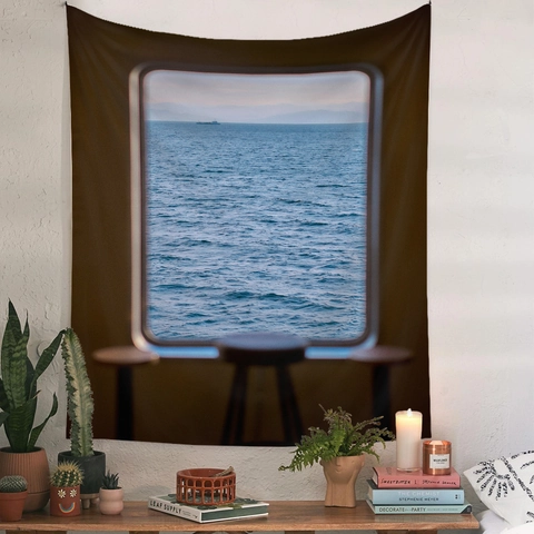 Tapiz Ventana Vista Al Mar Poliéster Decoración De Pared Dormitorio Moderno Paisaje Estético Hogar