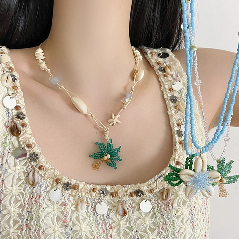 Boheemse Kralenketting Met Schelpenbloem En Kokospalmhanger Strand Resort Zomer Stijl Handgemaakte Sieraden Dames