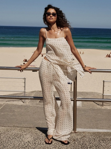 Camisole À Pois Et Pantalon Large Polyester Sans Manches Cordon Taille Haute Été Décontracté Vacances Femmes