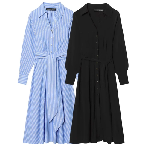 Robe Chemise Longue Femme Élégante Col Rabattu Boutonnée En Polyester Avec Ceinture À Rayures Décontractée Bureau