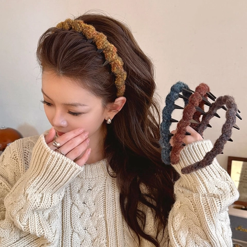 Knitted Yarn Wave Headband Non-Slip Hair Hoop With Teeth Retro Autumn Winter High Top Hair Accessories For Women