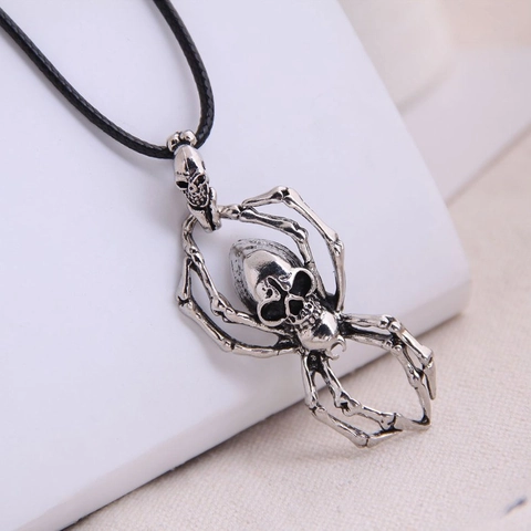 Collana Con Pendente Ragno Teschio Lega Argento Antico Cordino Nero Gothic Punk Retro Hip Hop Gioielli Vintage Per Uomini