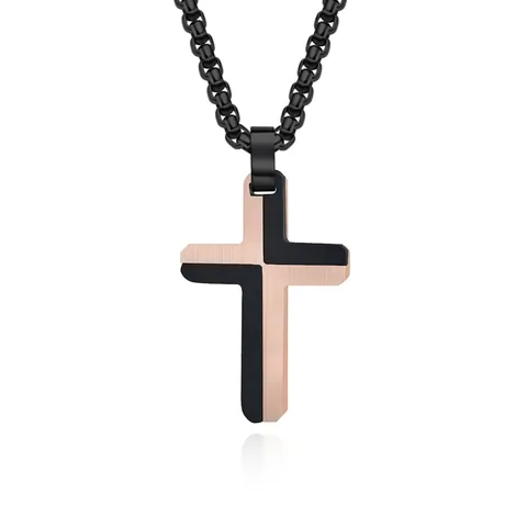 Collier Pendentif Croix Acier Inoxydable Bicolore Noir Or Rose Finition Brossée Bijoux Punk Pour Hommes Femmes
