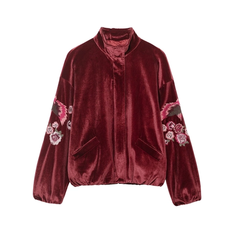 Damen Samtjacke Mit Blumenstickerei Stehkragen Langarm Reißverschluss Retro Mode Lässiger Kurzer Mantel Burgund