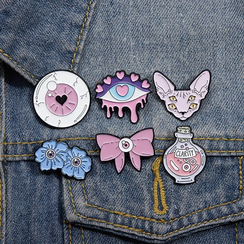 Ensemble de Broches en Émail en Alliage Créatif Pastel Goth Oeil Chat Sphynx Fleur Potion Nœud Pour Sac à Dos Bijoux