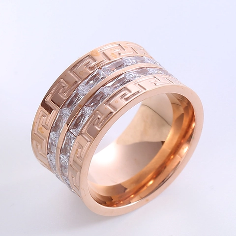 Anillo De Banda Ancha Acero Inoxidable Con Circón Cuadrado Patrón De Llave Griega Joyería De Moda De Lujo