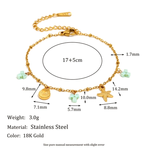 Edelstahl Armband 18K Vergoldet Ozean Seestern Muschel Minzgrüne Perlen Strandstil Schmuck Für Frauen