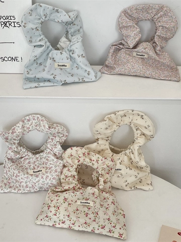 Floral Print Canvas Handbag With Ruched Scrunchie Handle Small Lightweight Portable Wrist Bag For Women Fresh Style