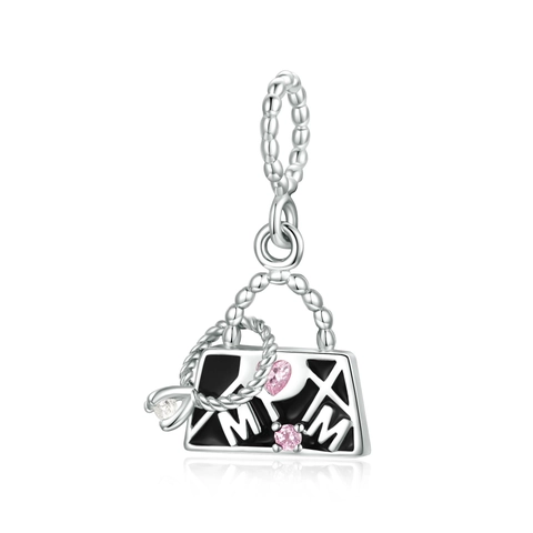 Charm Borsa In Argento Sterling 925 Con Zircone Cuore Rosa Smalto Mom Ciondolo Per Bracciale Collana DIY