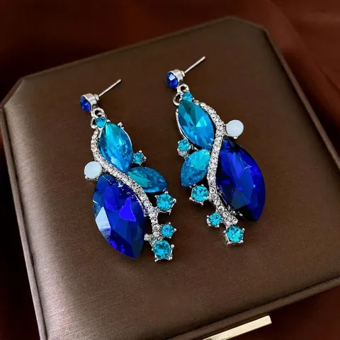 Orecchini Pendenti A Goccia In Cristallo Blu Vintage Con Perno In Argento Lega Strass Forma Di Foglia Gioielli Di Lusso Per Donna