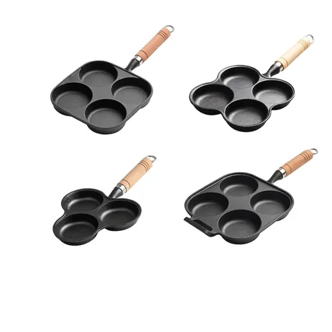 Padella Per Uova In Ghisa Multi-Foro Antiaderente Padella Per Pancake Manico In Legno Induzione Gas Burger Maker