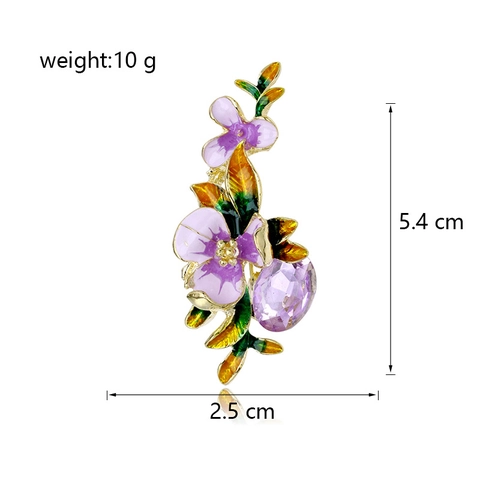 Iris Flower Brooch Pin Alloy Enamel Glass Crystal Gradient Purple Floral Vintage Elegant For Women