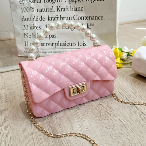 Women Fashion Quilted Rhombic PVC Jelly Bag Mini Crossbody Handbag With Artificial Pearl Handle Gold Chain Strap Square Bag