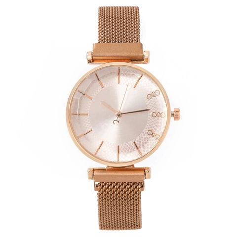 Women Fashion Quartz Watch Milanese Magnetic Mesh Strap Rhinestone Dial Elegant Analog Wristwatch Rose Gold Blue Coffee