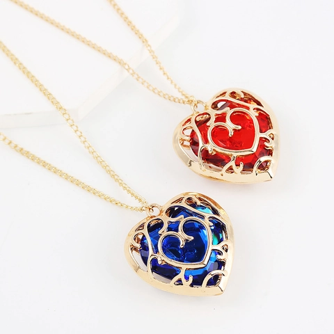 Collar Con Colgante De Corazón Hueco Y Llavero Cristal Rojo Azul Aleación Chapada En Oro Joyería De Moda Romántica