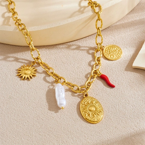 Stainless Steel Necklace Gold Plated With Artificial Baroque Pearl Red Chili And Sun Relief Oval Plate Pendant For Women Jewelry