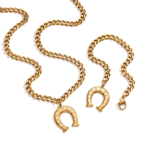 Stainless Steel Horseshoe Pendant Jewelry Set For Women Gold Plated Cuban Chain Rhinestone Necklace Bracelet Set Fashion Accessory