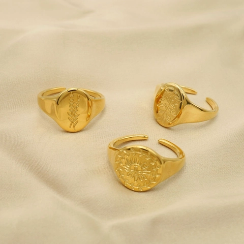 Anello Sigillo Sole Foglia Acciaio Inossidabile Placcato Oro 18K Regolabile Gioielli Dito Stile Vintage Per Donne