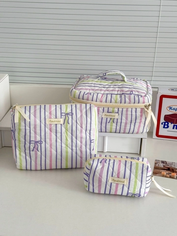 Borsa Trucco In Cotone Trapuntato A Righe Fiocco Viola Organizzatore Da Viaggio Portatile Estetica Donna Accessorio