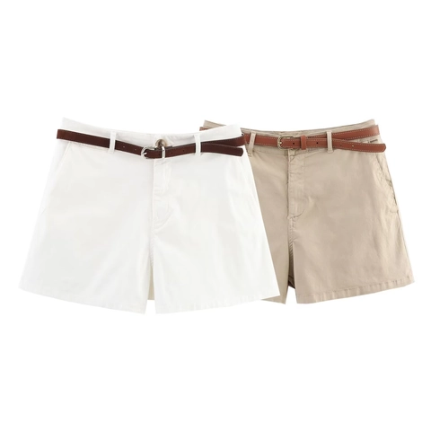 Women Casual Shorts High Waist Solid Color Polyester Bottoms With Faux Leather Belt Fashion Pockets For Ladies