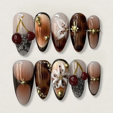 Retro Amber Press On Nails With 3D Cherry And Flower Designs Black Lace French Style Long Almond Artificial False Nails