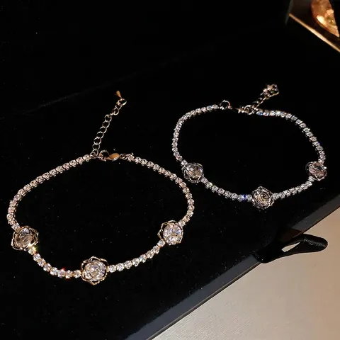 Elegante Bracciale Fiore Di Rosa Cava In Zircone Rame Catena Da Tennis Regolabile Gioielli Per Donna Lusso Ligero