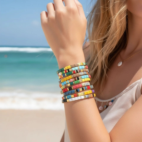 Bohemian Enamel Tila Bead Bracelet For Women Summer Beach Colorful Elastic Stretch Jewelry Accessory