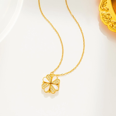 Titanium Steel Clover Heart Pendant Necklace Shell Rhinestone Magnetic Two-Way Wear Fashion Jewelry Gift for Women