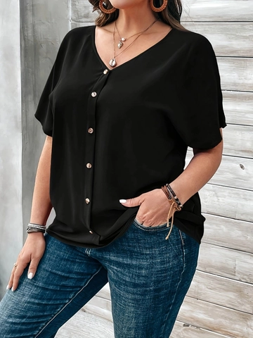 Women Plus Size V Neck Blouse Short Sleeve Single Breasted Loose Fit Solid Color Polyester Casual Daily Summer Top