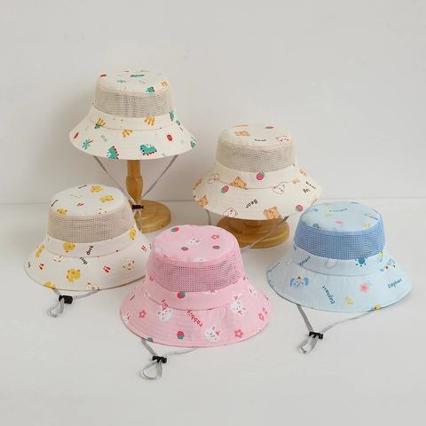Cappello Da Pescatore Per Bambini Rete Traspirante Cappello Da Sole Falda Larga Corda Antivento Regolabile Stampe Animali Bambini Bambine