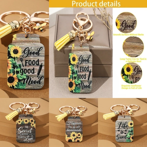 Portachiavi in Legno a Girasole Con Nappina Ape Ciondolo Perla Artificiale Frase a Forma di Barattolo Regalo Rustico