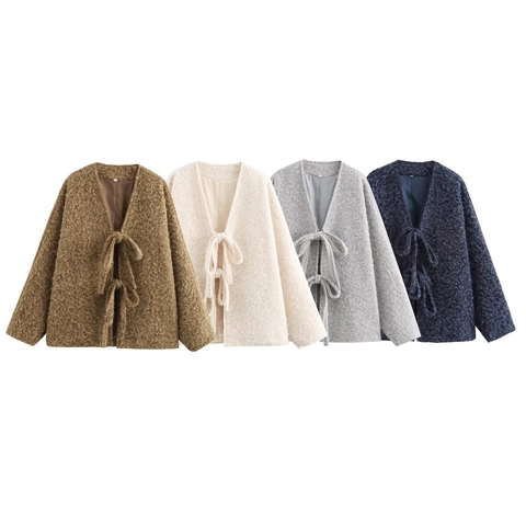 Women Plush Shaggy Jacket Tie Up Long Sleeve Solid Color Casual Round Neck Elegant Faux Fur Outerwear