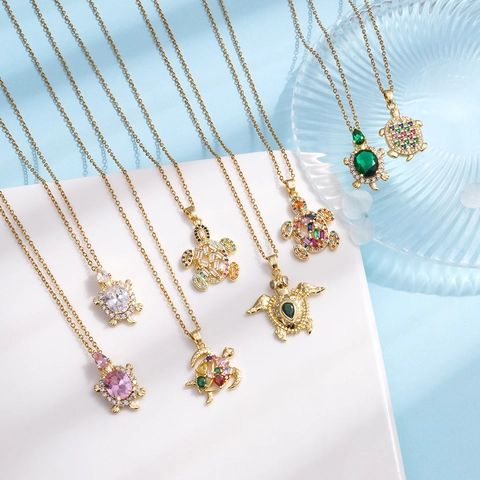 Collana Con Pendente Tartaruga Marina Rame Placcato Oro Con Zirconi Cubici Multicolore Gioielli Animali Oceano