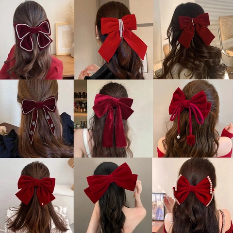Fermaglio Per Capelli Con Fiocco Grande In Velluto Elegante Rosso Nero Nastro Strass Perla Artificial Nappa Sposa Matrimonio