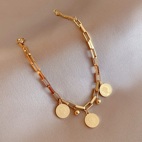 Edelstahl Münzanhänger Armband Für Damen Vergoldet Königin Elisabeth II Medaillon Charms Retro Hip Hop Schmuck