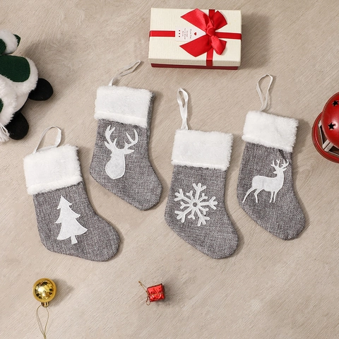 Christmas Stocking Grey Linen Fabric With White Faux Fur Cuff Reindeer Snowflake Pattern Hanging Holiday Decoration