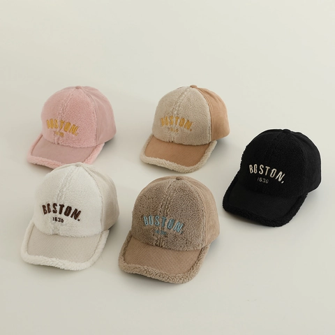 Kids Girls Baseball Cap Faux Lamb Wool Corduroy Patchwork Warm Winter Hat Embroidery Boston Lettering Windproof Adjustable