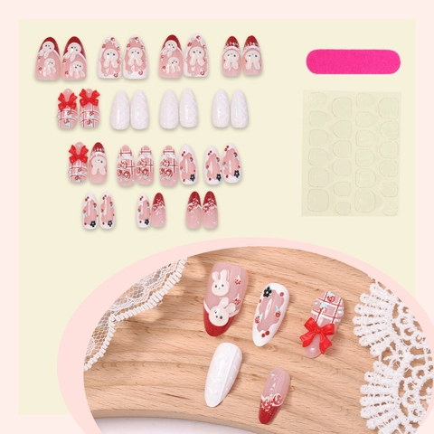Handmade Press On Nails 3D Cartoon Hase Schleife Französischer Stil Blush Pink Künstliche Nägel Für Frauen Dekorativ