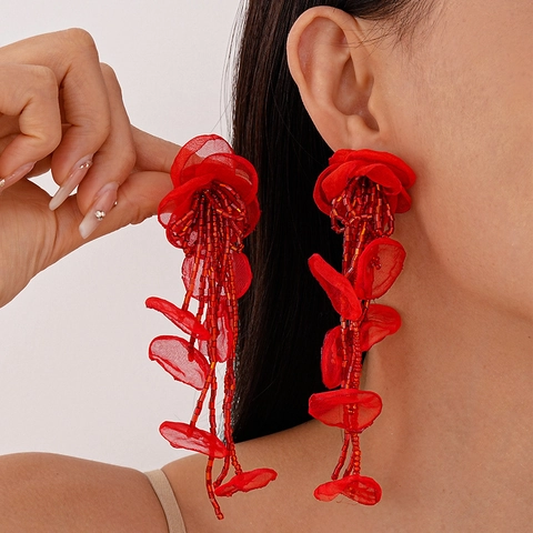Pendientes De Borla Floral Con Pétalos De Tela Cuentas De Vidrio Y Poste De Plata Para Mujer Estilo Bohemio Dulce