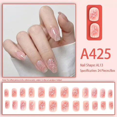 Pink Gradient Press On Nails Artificial False Nail Tips Abstract White Lines Glitter Design Sweet Style For Women