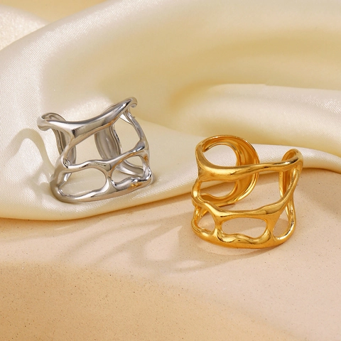 Anillo Hueco Irregular De Acero Inoxidable Chapado En Oro Estilo Metal Líquido Abierto Ajustable Joyería Hip Hop Mujer