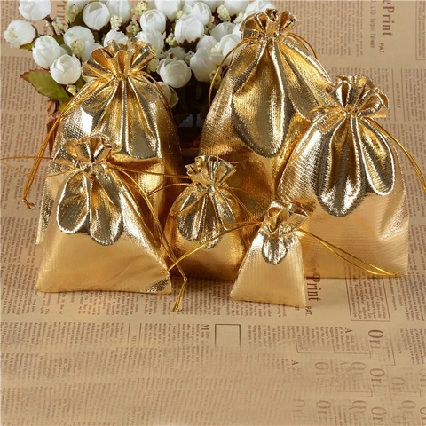 Luxurious Metallic Fabric Drawstring Jewelry Pouch Gold Silver Small Gift Packaging Bag For Wedding Party Favors Storage Bags