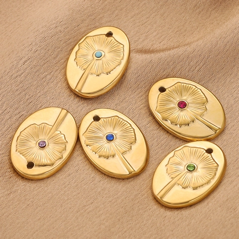 Oval Flower Pendant Charm Stainless Steel Rhinestone Inlay For DIY Jewelry Making Bohemian Style Dandelion Engraved Gold Plated