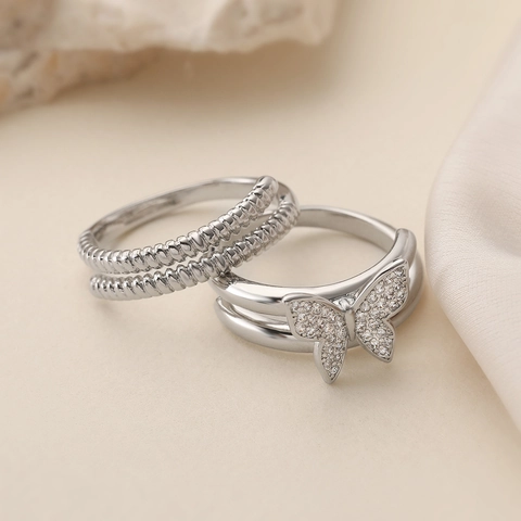Butterfly Open Ring Copper Zircon Gold Plated Adjustable Multi Layer Fashion Jewelry For Women