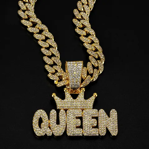 Hip Hop Queen Letter Pendant Necklace With Crown Zinc Alloy Full Rhinestone Cuban Chain Streetwear Jewelry For Men
