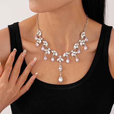 Collana Con Nappine A Goccia D'acqua E Foglia Lega Strass Rosa Chiaro Elegante Gioielli Da Festa Per Donne